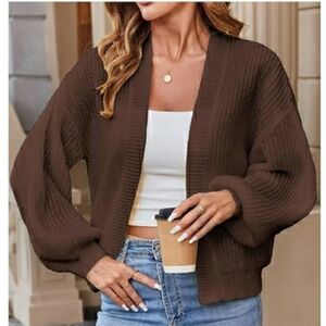 Women's Open Front Long Sleeve Ribbed Knit Cropped Cardigan Sweater Coffee